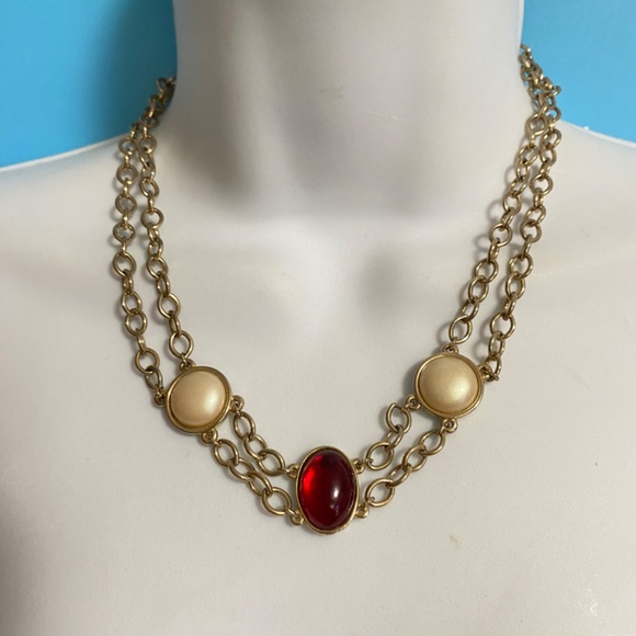 Faux Pearl & Red Cabachon Toggle Clasp Gold Chain Double Strand Necklace - Picture 5 of 6